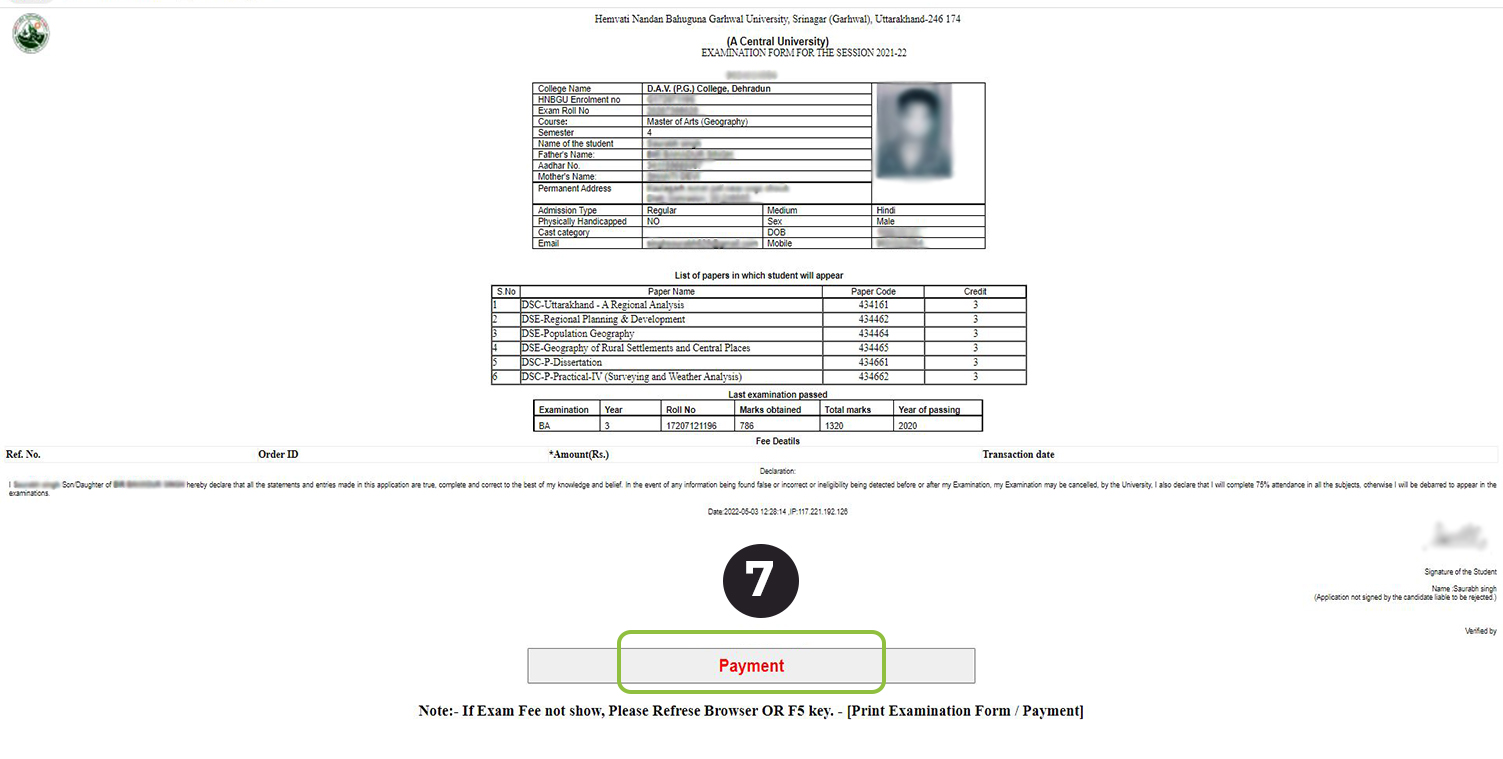 hnbgu examination form filling